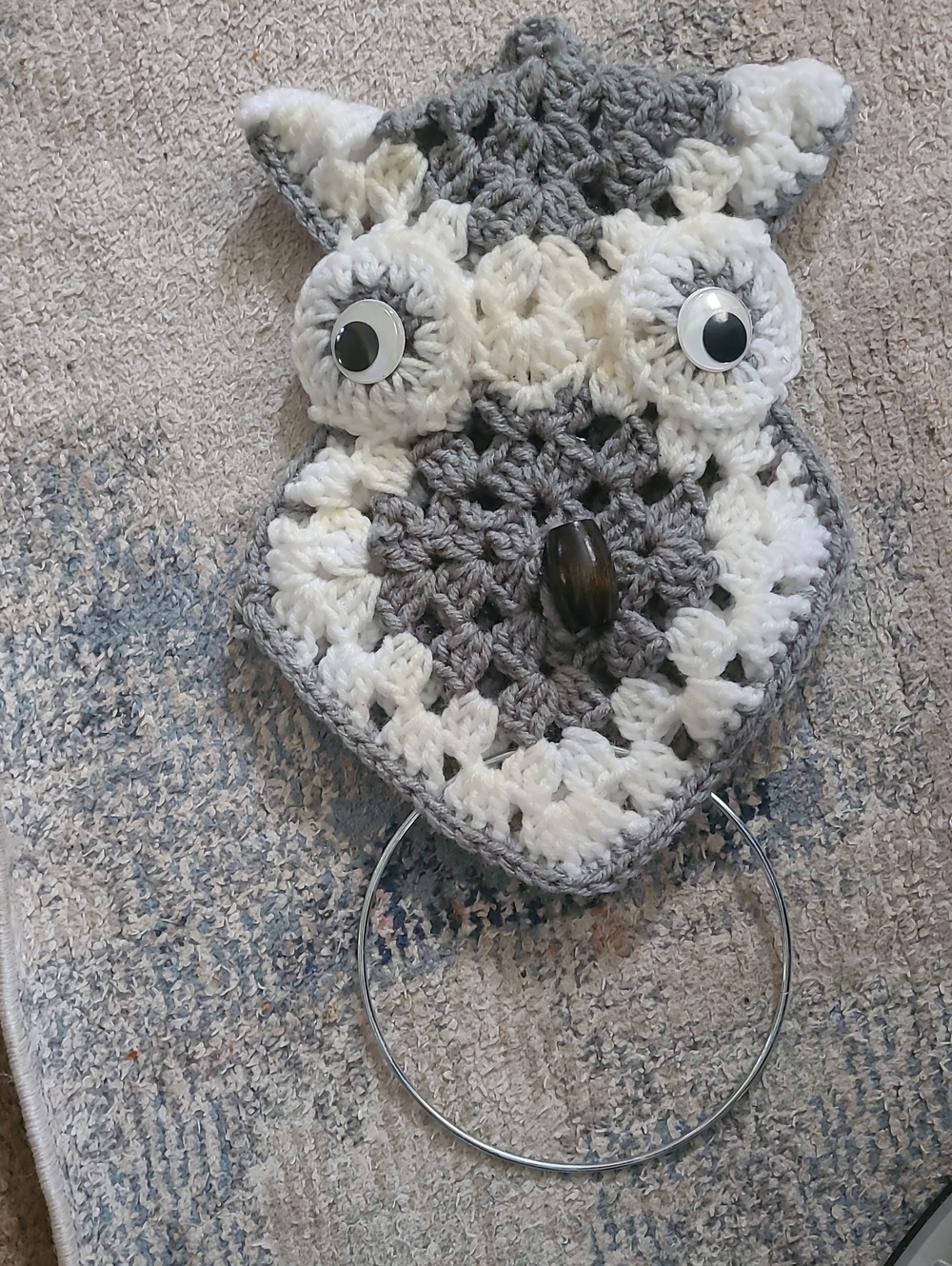 Handmade Crocheted Owl Towel Holder - Gray & Cream
